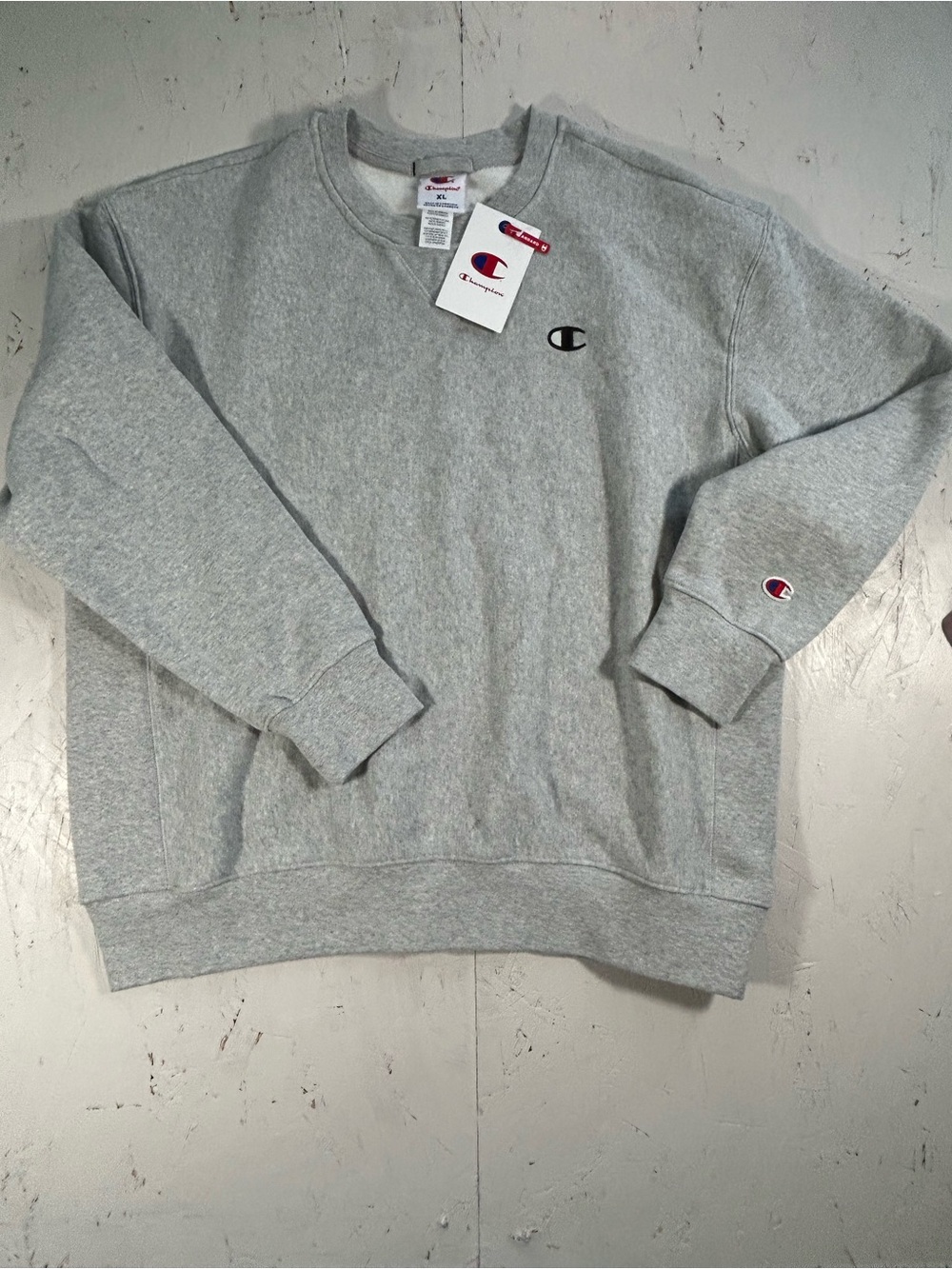 Champion Light Gray Crewneck Sweatshirt with Embroidered Logo